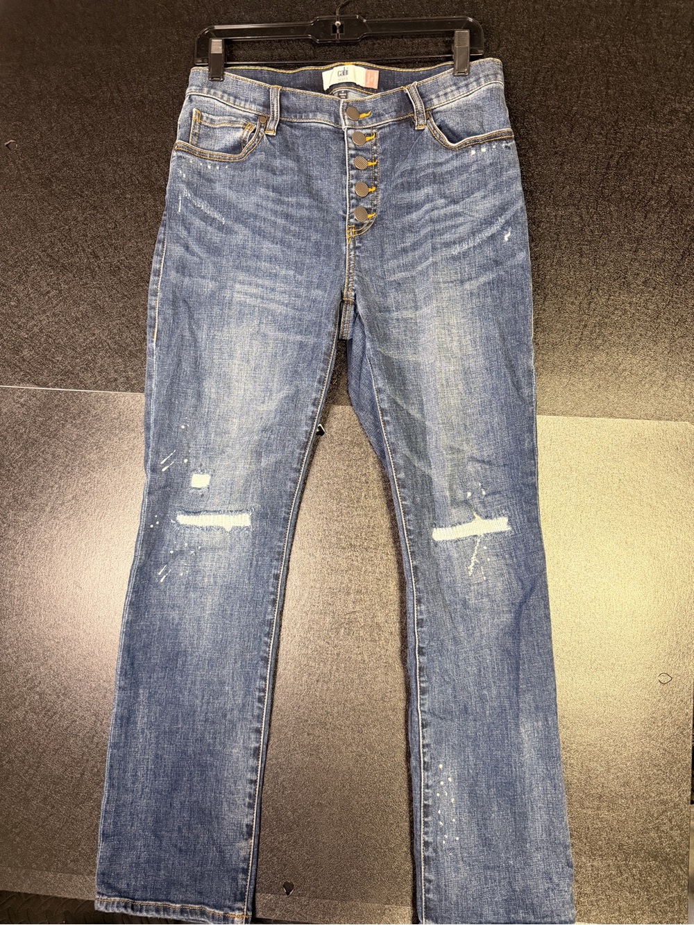 CAbi Woman’s Button-Fly Straight-Leg Distressed Paint Blue Jeans Sz 8